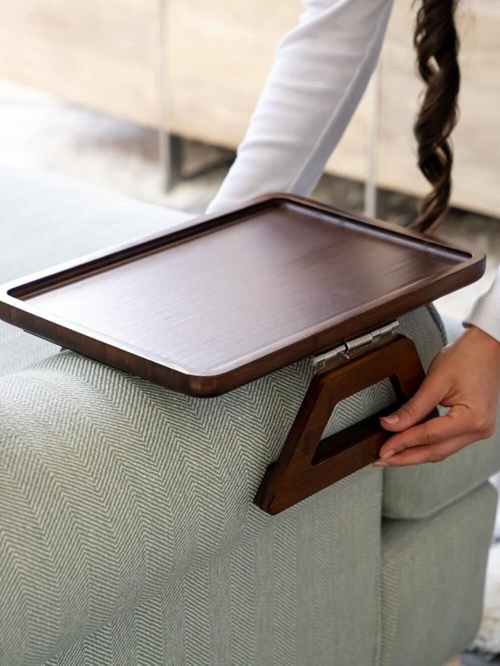 Bamboo Trayble Couch Arm Table, Clip On Tray Sofa Table for Couches. Sofa Arm Tr - Picture 2 of 9